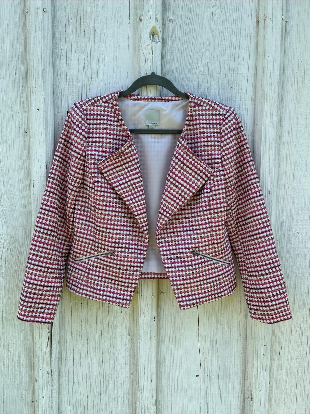 Halogen S Pink White Tweed Moto Blazer Open Front Cropped Jacket Zip Pockets